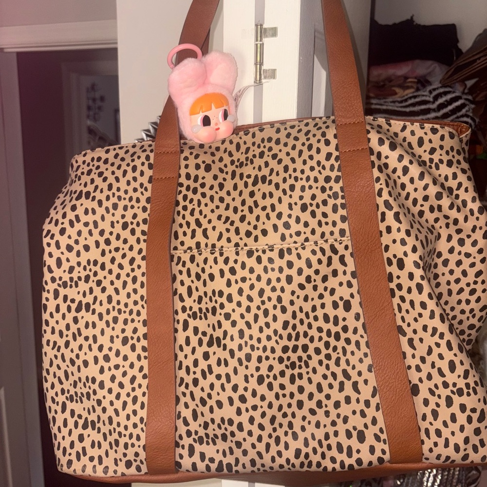 Leopard Print Tote Bag with Brown Straps